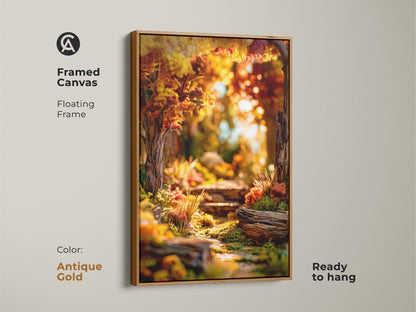 Framed canvas art print of a forest path. The floating frame is antique gold. Sunlight streams through the trees in this autumn artwork. The framed art is ready to hang in your home.