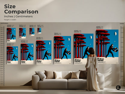 Size comparison of retro chimpanzee vinyl record canvas art in inches and centimeters. See how the eclectic ape wall art fits above a sofa. Available in various sizes for studio office decor. Blue red black poster options to enhance your space.