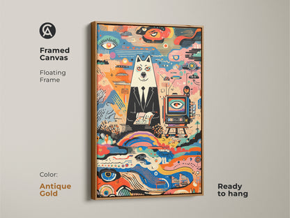 Antique gold framed canvas. It features a colorful dog in suit. Floating frame enhances the abstract artwork. Ready to hang this is perfect for office decor. Great gift for eclectic art lovers