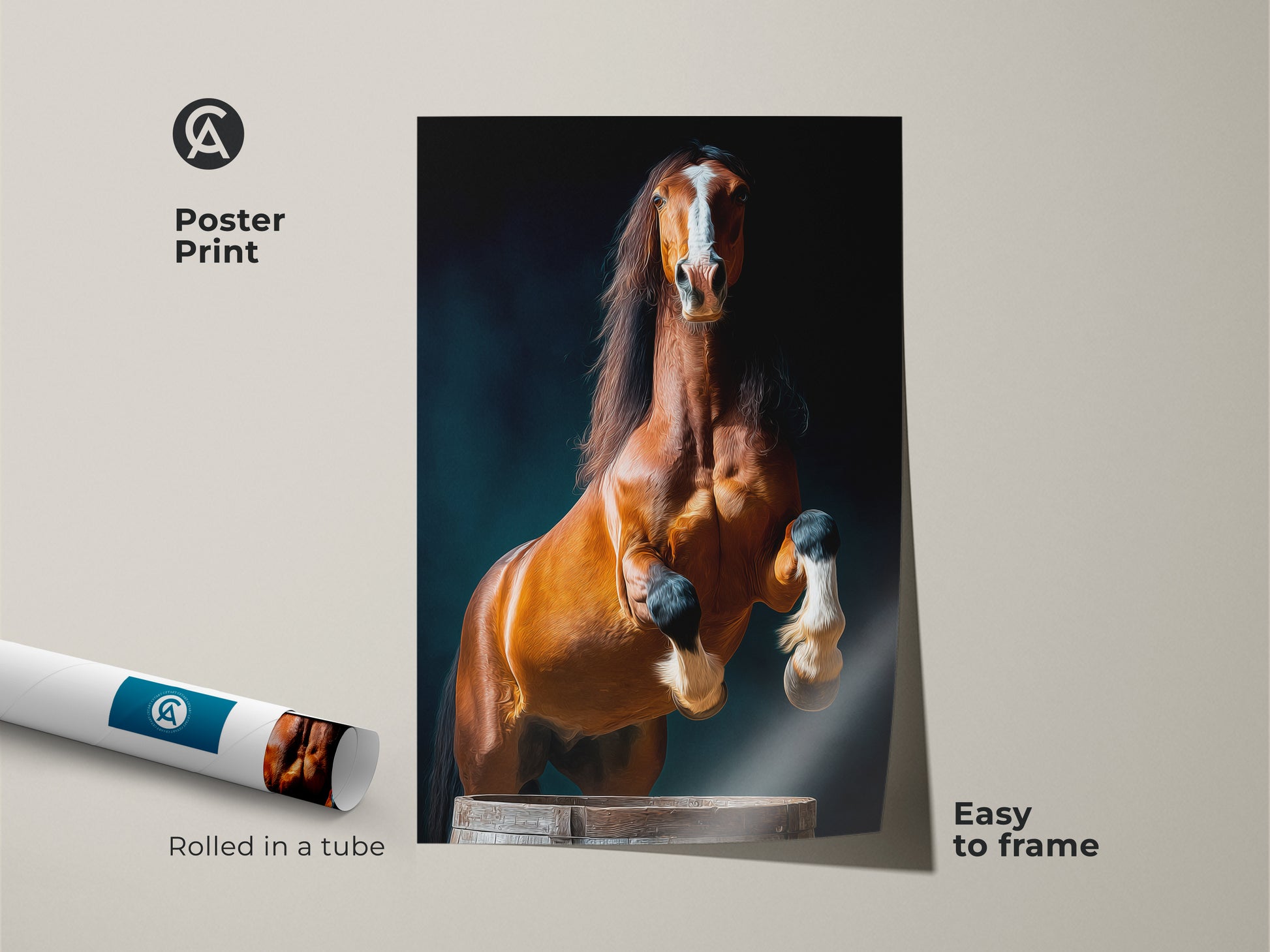 Poster print shows a rearing chestnut horse artwork. The wildlife wall hanging is easy to frame. This contemporary animal artwork features a photorealistic horse print. This barrel horse artwork is rolled in a tube.