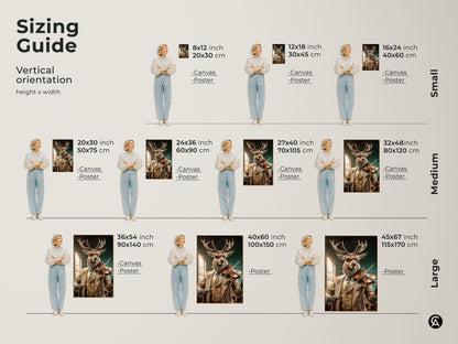 Sizing guide for the deer playing violin canvas or poster art. Vertical orientation heights range from small to large sizes. Choose from 8x12 to 45x67 inches. Perfect for adding an eclectic tan and brown touch to any space. Find the ideal fit for your eclectic wall decor.
