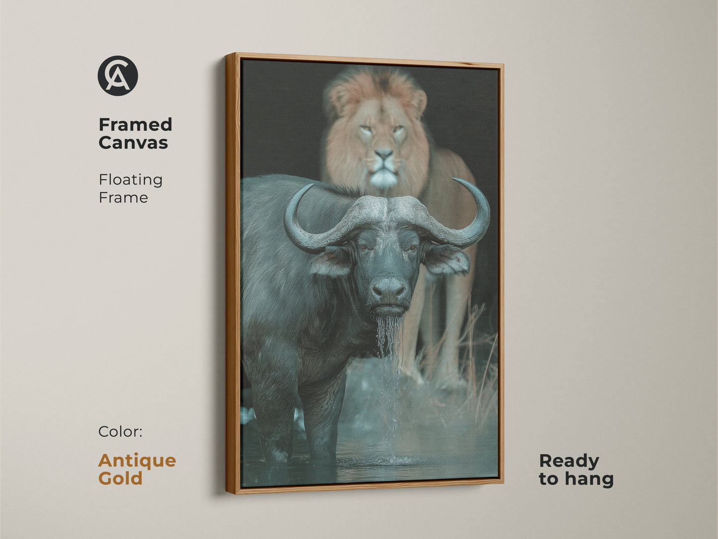 This framed canvas showcases a buffalo and lion in a wildlife setting. The antique gold floating frame accentuates this ready-to-hang animal artwork. Ideal for study or office decor this African wildlife print brings nature inside. The artwork blends deep browns and greys for a dramatic wild animal style.