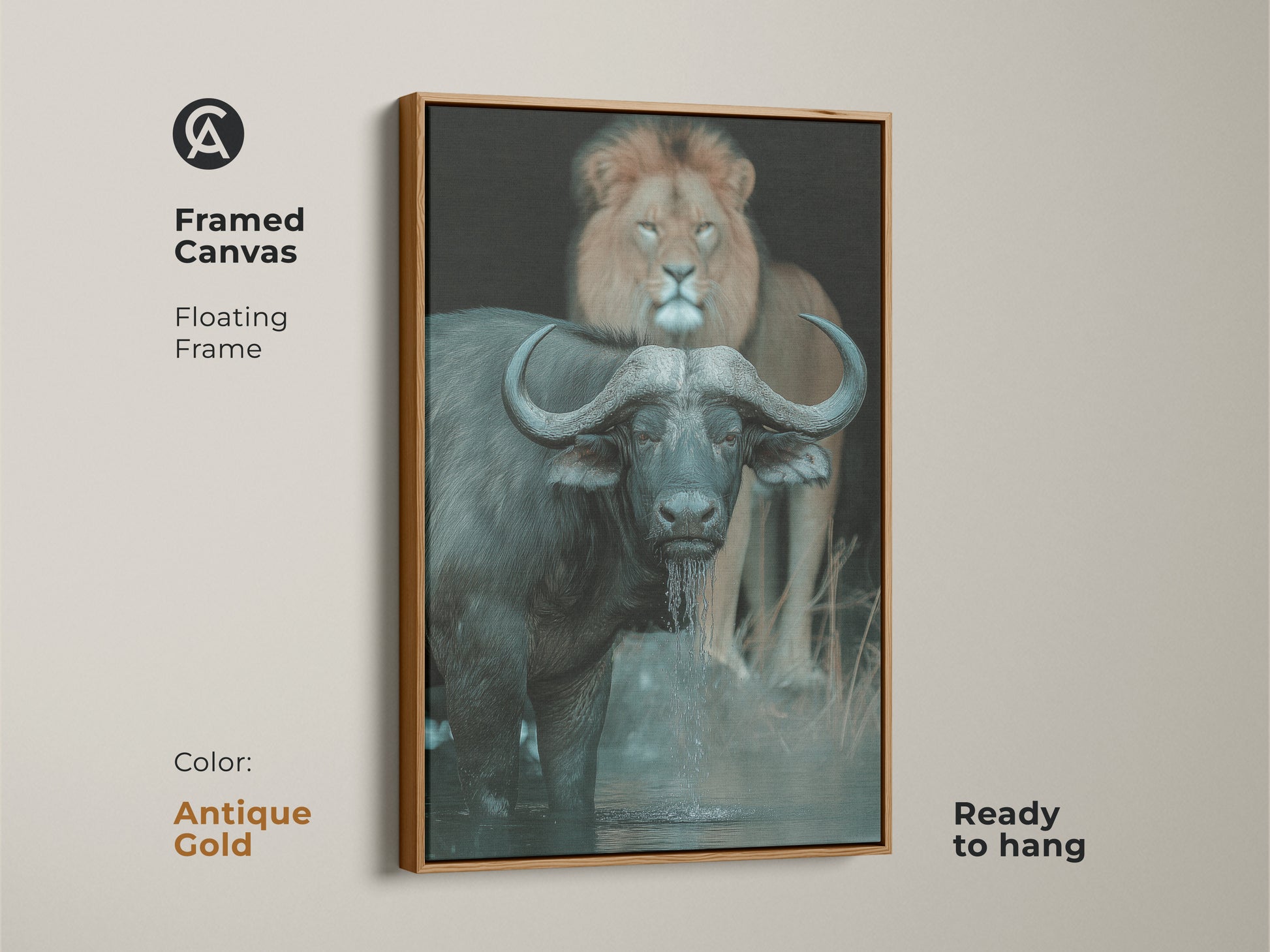 This framed canvas showcases a buffalo and lion in a wildlife setting. The antique gold floating frame accentuates this ready-to-hang animal artwork. Ideal for study or office decor this African wildlife print brings nature inside. The artwork blends deep browns and greys for a dramatic wild animal style.