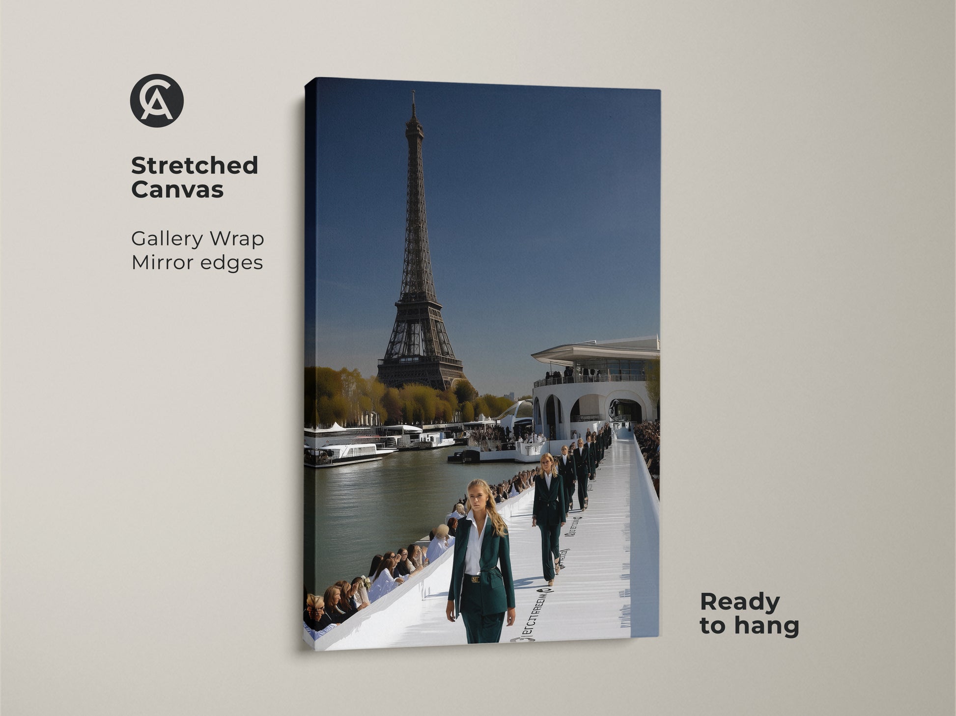 A stretched canvas Eiffel Tower cityscape artwork. The gallery wrap has mirror edges. It shows a Parisian fashion runway and show. The contemporary artwork features sky blue and deep green tones. Ready to hang as fashion photography wall art. Ideal for stylish home decor.