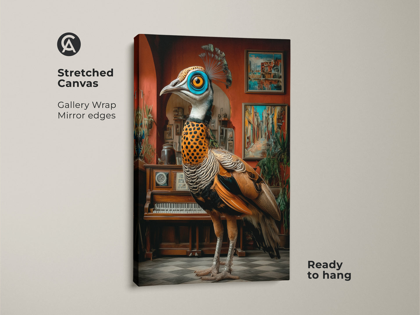 This surreal peacock canvas is ready to hang. The ornate bird artwork has gallery wrapped mirror edges. Displaying eclectic style with blue orange and teal colors this piece adds sophistication. It is ideal wall decor for a study room. This canvas print makes a unique housewarming gift.