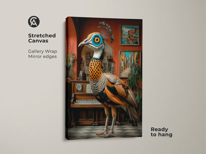 This surreal peacock canvas is ready to hang. The ornate bird artwork has gallery wrapped mirror edges. Displaying eclectic style with blue orange and teal colors this piece adds sophistication. It is ideal wall decor for a study room. This canvas print makes a unique housewarming gift.