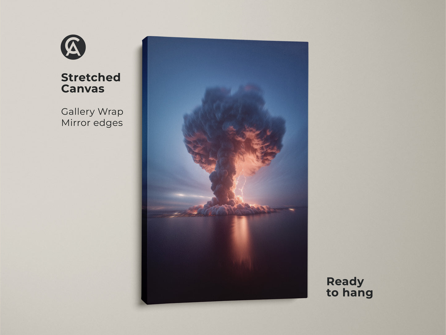 Stretched canvas print showcasing a surreal Volcano Thunderstorm artwork. This explosion canvas art offers a gallery wrap with mirror edges. The crimson orange and deep blue tones create a dramatic weather artwork perfect for any adventurer's office ready to hang.