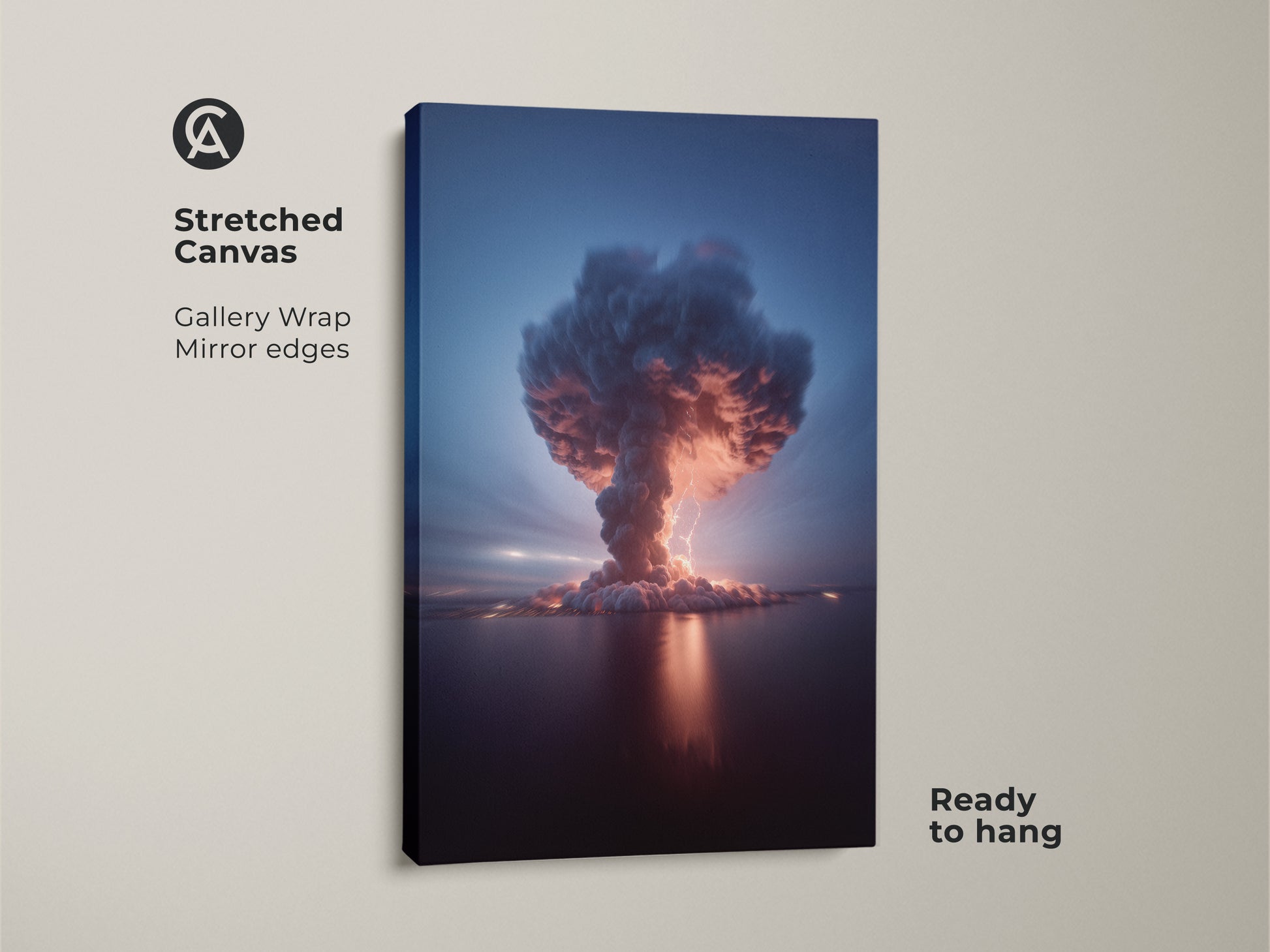 Stretched canvas print showcasing a surreal Volcano Thunderstorm artwork. This explosion canvas art offers a gallery wrap with mirror edges. The crimson orange and deep blue tones create a dramatic weather artwork perfect for any adventurer's office ready to hang.