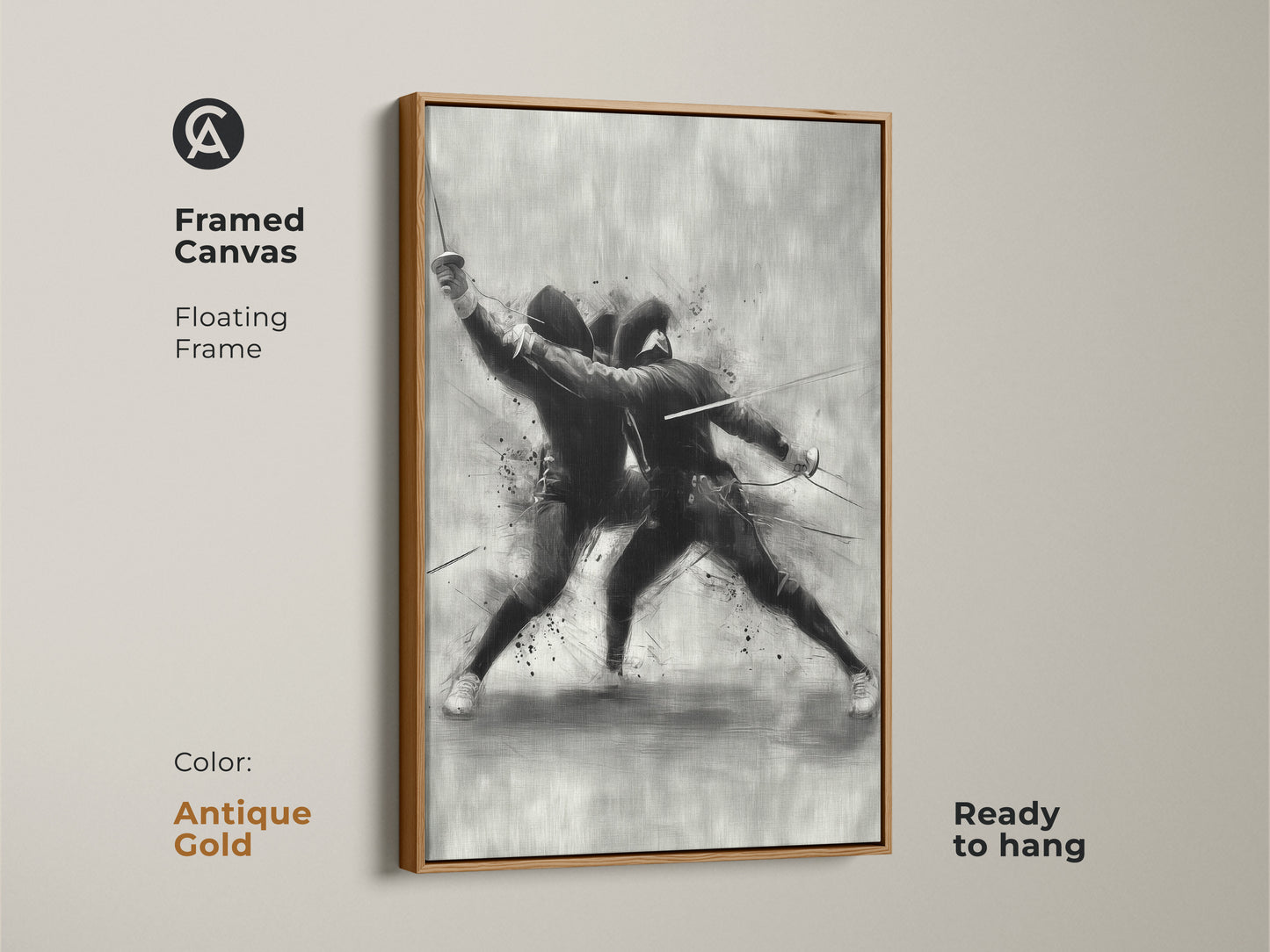 Framed canvas of a dynamic fencing duel with an antique gold floating frame. This modern sketch wall art is ready to hang. The black and white sports decor serves as an ideal gift art for fencers.