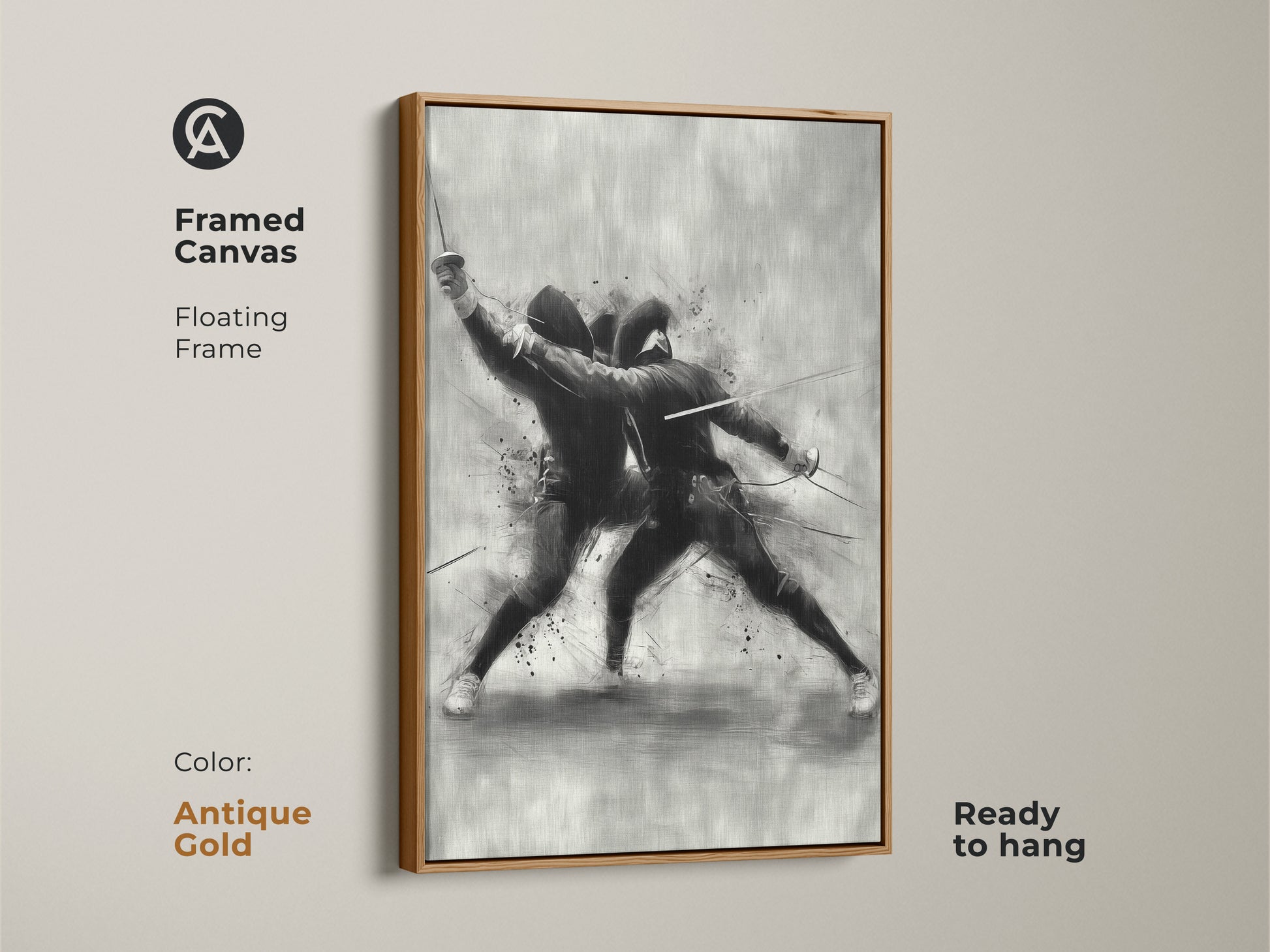 Framed canvas of a dynamic fencing duel with an antique gold floating frame. This modern sketch wall art is ready to hang. The black and white sports decor serves as an ideal gift art for fencers.