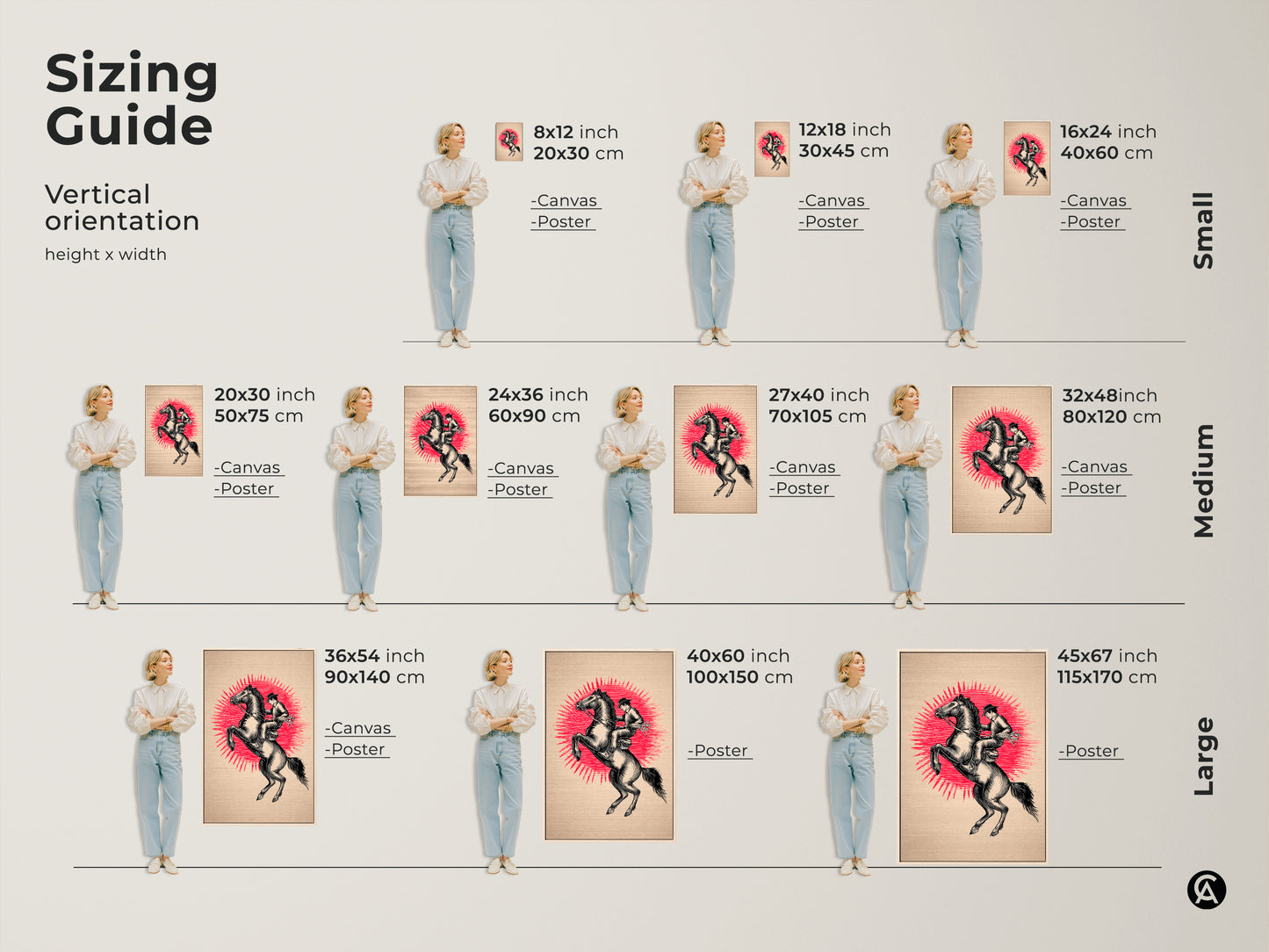 Sizing guide for the vertical orientation of the cowboy horse artwork. Sizes range from small medium and large. Offered in canvas and poster. Cowboy horse art and rustic black beige artwork is shown.