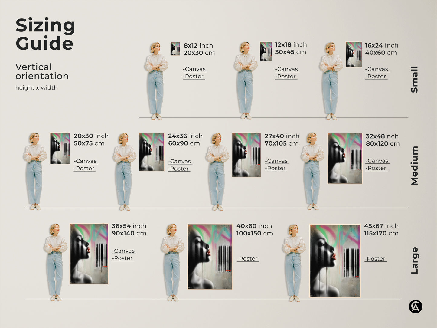Sizing guide for vertical orientation art prints. Choose from canvas or poster options featuring a contemporary woman portrait in urban graffiti style. Available in small medium and large sizes. Perfect abstract wall art to fit any space and decor needs.