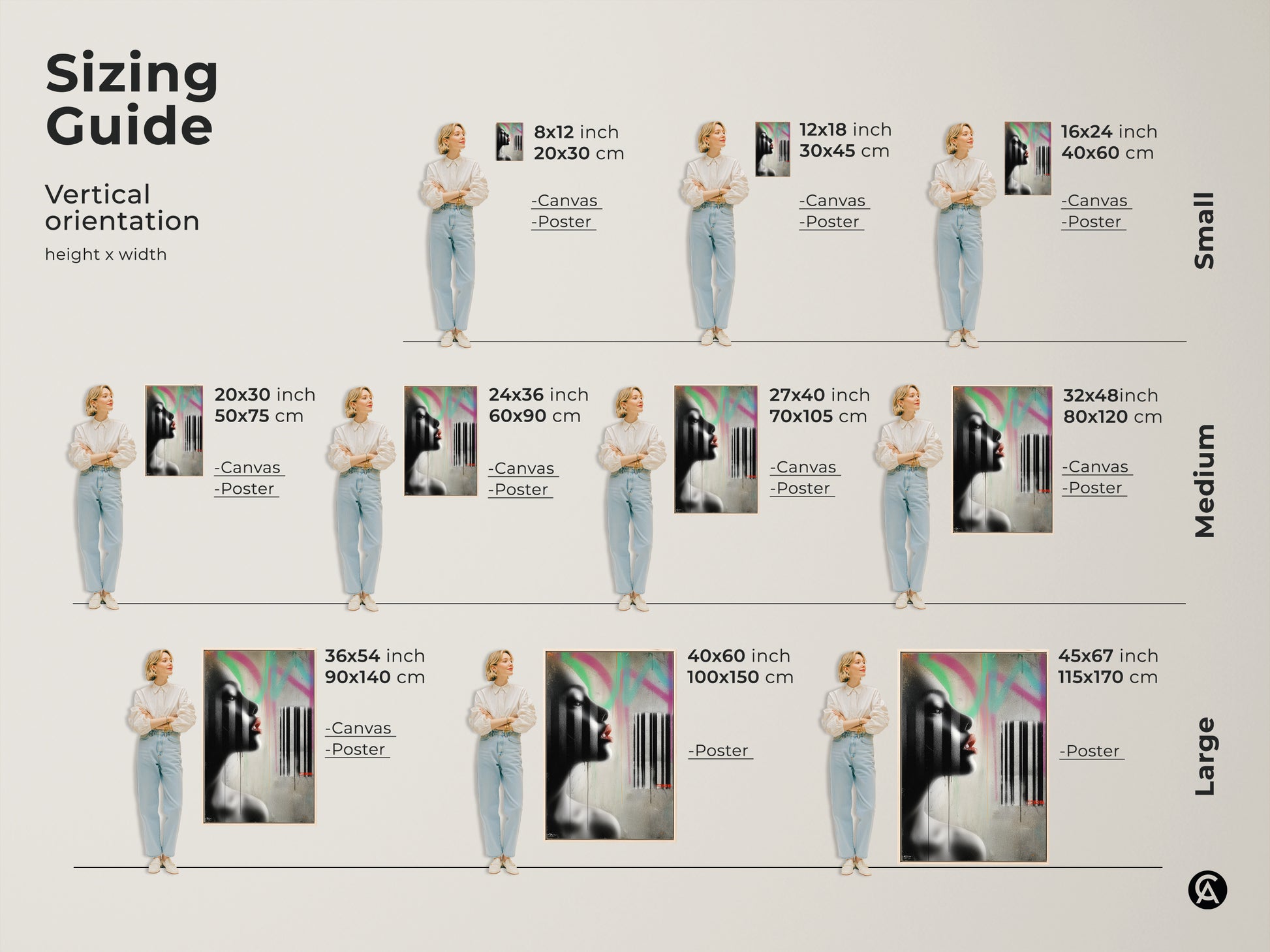 Sizing guide for vertical orientation art prints. Choose from canvas or poster options featuring a contemporary woman portrait in urban graffiti style. Available in small medium and large sizes. Perfect abstract wall art to fit any space and decor needs.