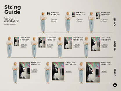 Sizing guide for vertical orientation art prints. Choose from canvas or poster options featuring a contemporary woman portrait in urban graffiti style. Available in small medium and large sizes. Perfect abstract wall art to fit any space and decor needs.