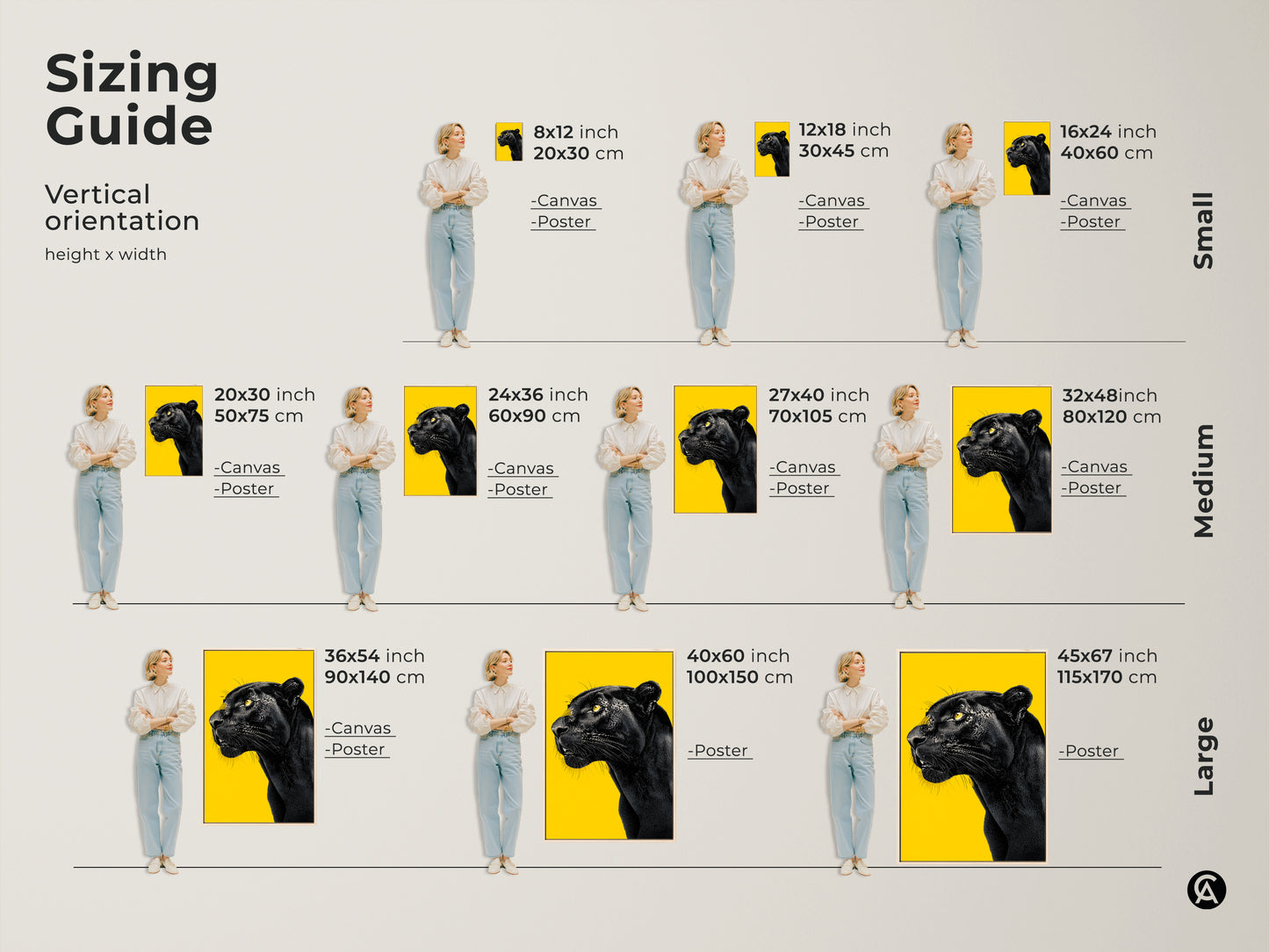 Visualize the vertical orientation and sizing of this black panther canvas or poster art with our sizing guide. See how the artwork fits in various dimensions from small 8x12 inch to large 45x67 inch. Perfect for planning your wall decor this guide helps you choose the ideal size for your space.