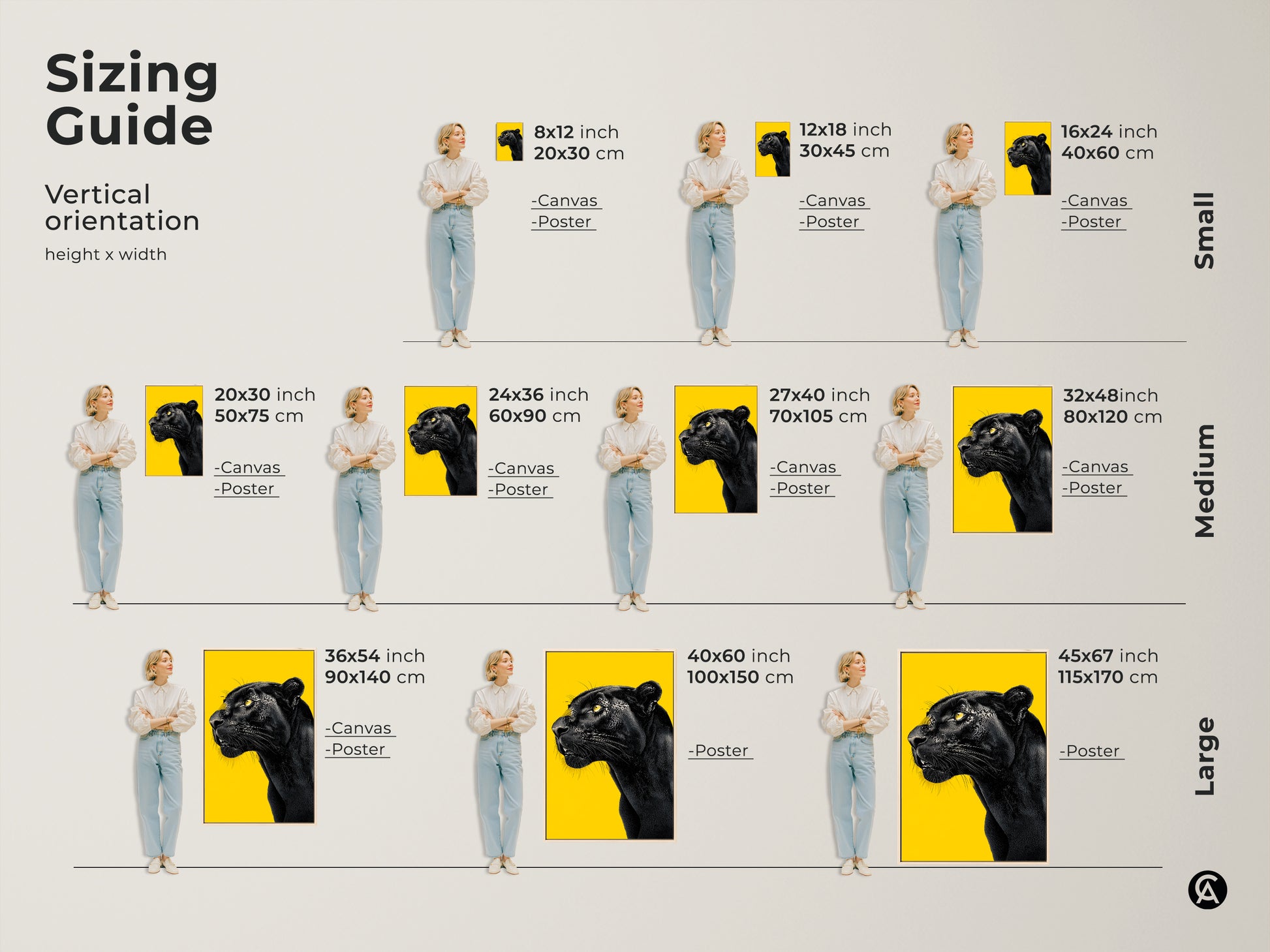Visualize the vertical orientation and sizing of this black panther canvas or poster art with our sizing guide. See how the artwork fits in various dimensions from small 8x12 inch to large 45x67 inch. Perfect for planning your wall decor this guide helps you choose the ideal size for your space.