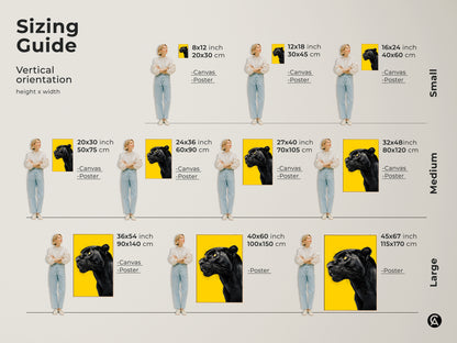 Visualize the vertical orientation and sizing of this black panther canvas or poster art with our sizing guide. See how the artwork fits in various dimensions from small 8x12 inch to large 45x67 inch. Perfect for planning your wall decor this guide helps you choose the ideal size for your space.