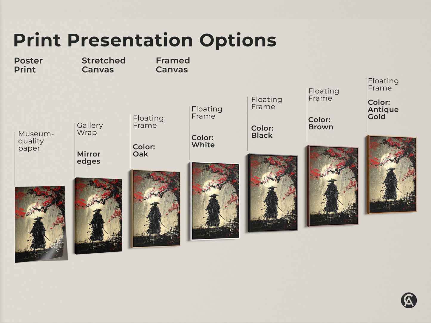 Explore print presentation options for samurai warrior art. Choose from poster stretched and framed canvas. Options include gallery wrap mirror edges and floating frames. Select from oak white black brown and antique gold frames. Find the perfect style for your Japanese art wall decor.
