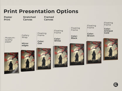 Explore print presentation options for samurai warrior art. Choose from poster stretched and framed canvas. Options include gallery wrap mirror edges and floating frames. Select from oak white black brown and antique gold frames. Find the perfect style for your Japanese art wall decor.