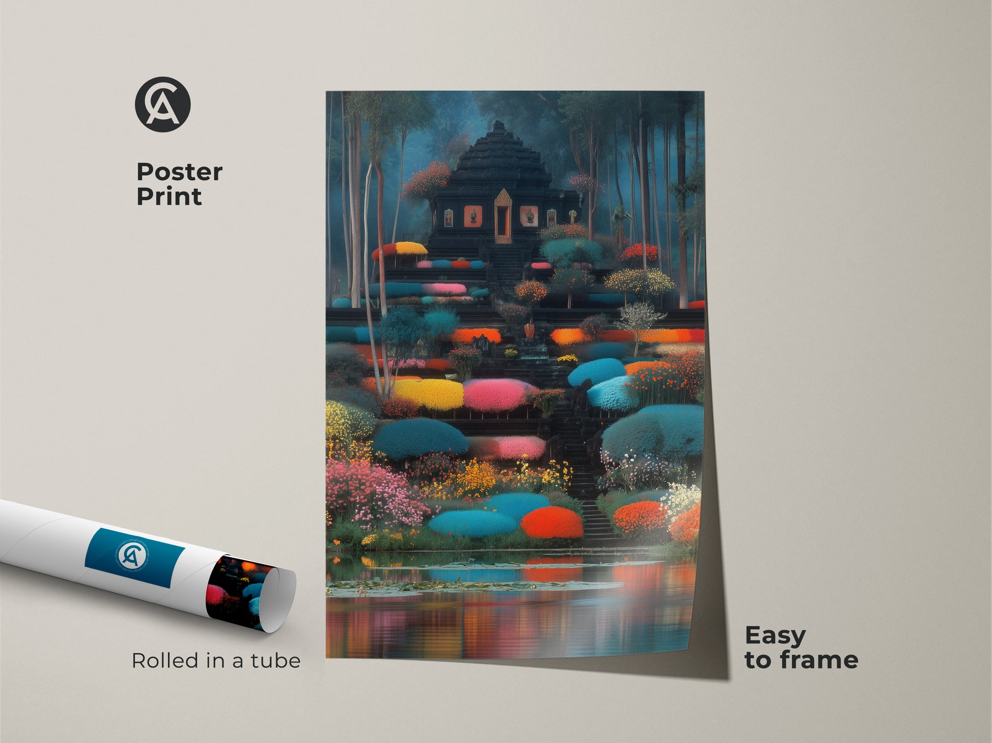 A poster print of a fantasy temple wall art. Rolled in a tube this vibrant garden artwork is easy to frame. The teal red and green landscape will look great in a living room or bedroom.