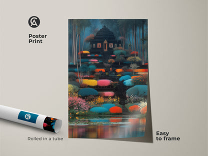 A poster print of a fantasy temple wall art. Rolled in a tube this vibrant garden artwork is easy to frame. The teal red and green landscape will look great in a living room or bedroom.