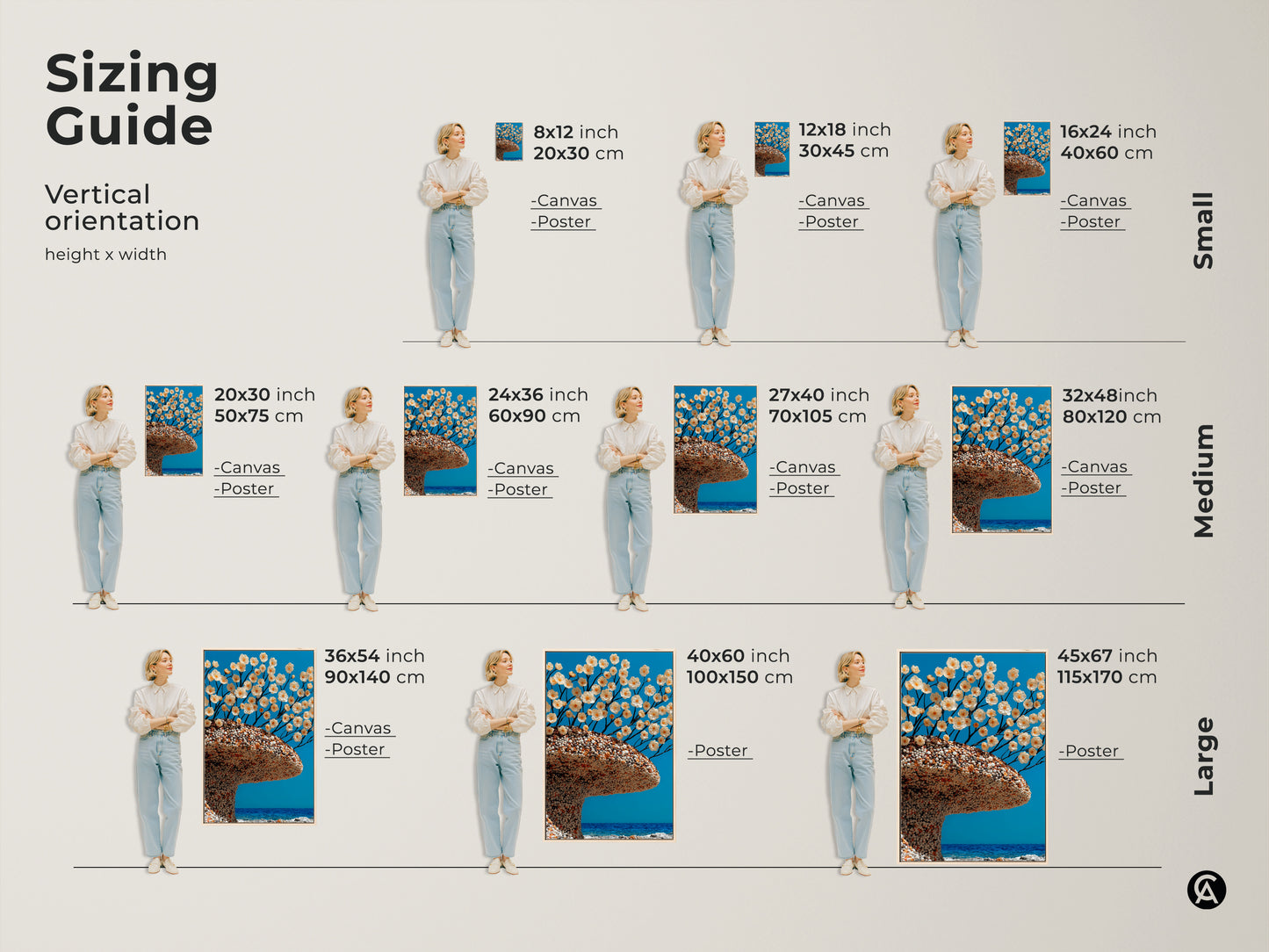 Find the perfect size for your surreal botanical tree art print. This guide shows vertical orientations of the artwork featuring white flowers and an aqua sky. Available in canvas or poster this eclectic piece makes a statement in any space.