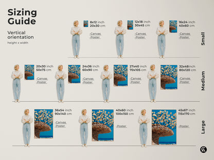 Find the perfect size for your surreal botanical tree art print. This guide shows vertical orientations of the artwork featuring white flowers and an aqua sky. Available in canvas or poster this eclectic piece makes a statement in any space.