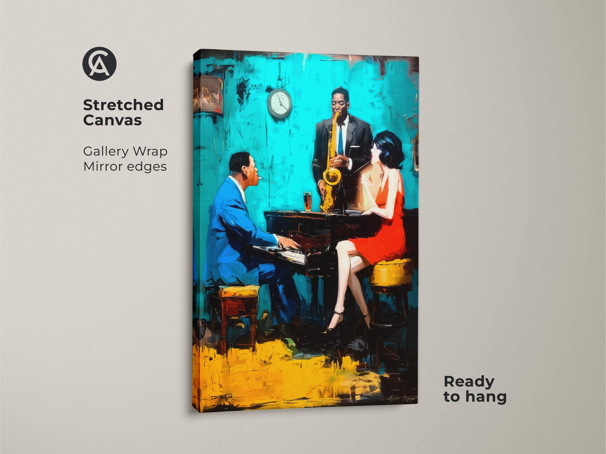 Elevate your home decor with this gallery-wrapped stretched canvas print. The artwork shows a jazz trio in full swing with vibrant colors and expressive brushstrokes. Ready to hang with mirrored edges it offers a clean modern aesthetic. Order this musical masterpiece today!