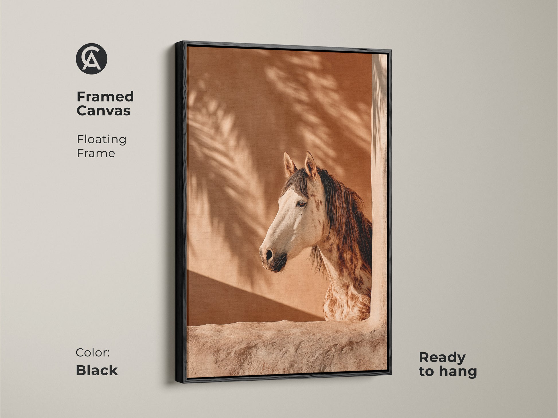 Framed canvas featuring photorealistic horse artwork in a black floating frame. Boho terracotta wall art with palm fronds creates an equestrian bedroom decor. Ready to hang animal portrait wall hanging. Ideal gift for horse lovers seeking warm tone animal art.