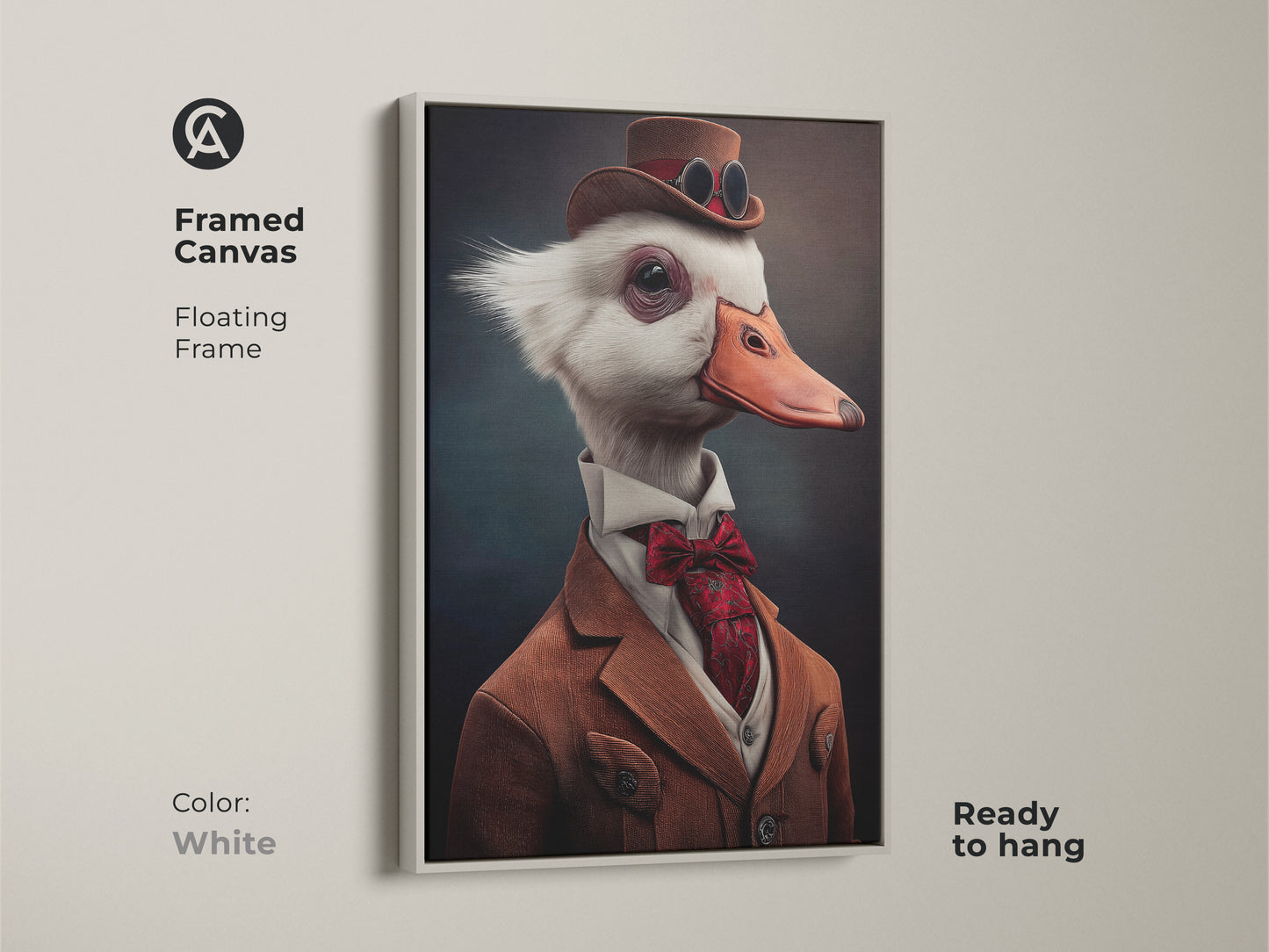 Framed canvas showcasing steampunk goose wall art. The floating frame is white in color. This Victorian goose portrait is ready to hang. It's office decor for men.