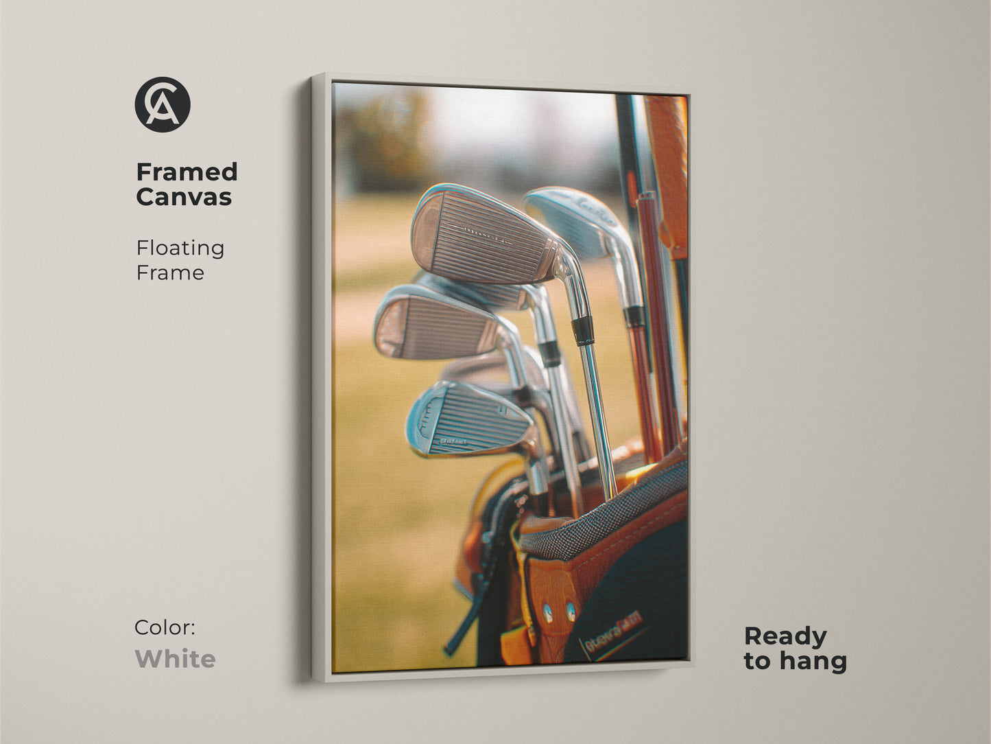 White framed canvas of golf equipment artwork. This is a detailed shot of golf clubs in a golf bag. The frame is white and floating. This golf art is ready to hang. Buy golf art today.
