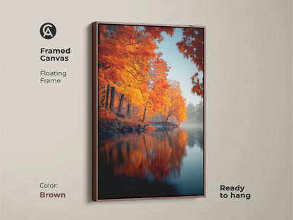 This framed canvas art features a breathtaking autumn scene. The brown floating frame enhances the warm tones of the golden trees. It is reflected in the tranquil lake. Ready to hang this artwork adds a cozy and sophisticated touch to your home. Enjoy the beauty of fall indoors.