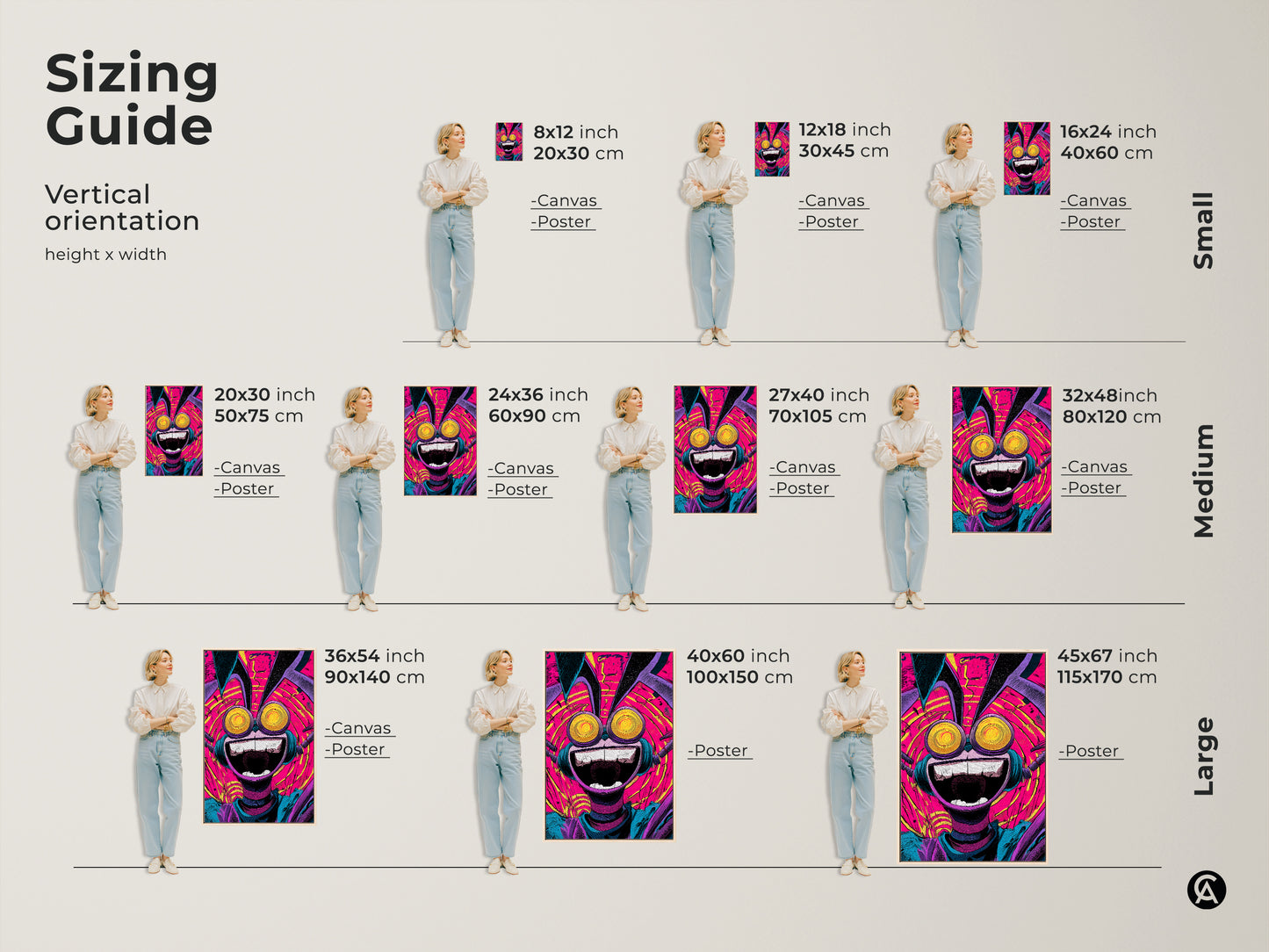 Visualize the different sizes of this quirky character artwork with our sizing guide. See how each size looks in relation to a person. This helps you choose the perfect dimensions for your space. Available in canvas and poster prints