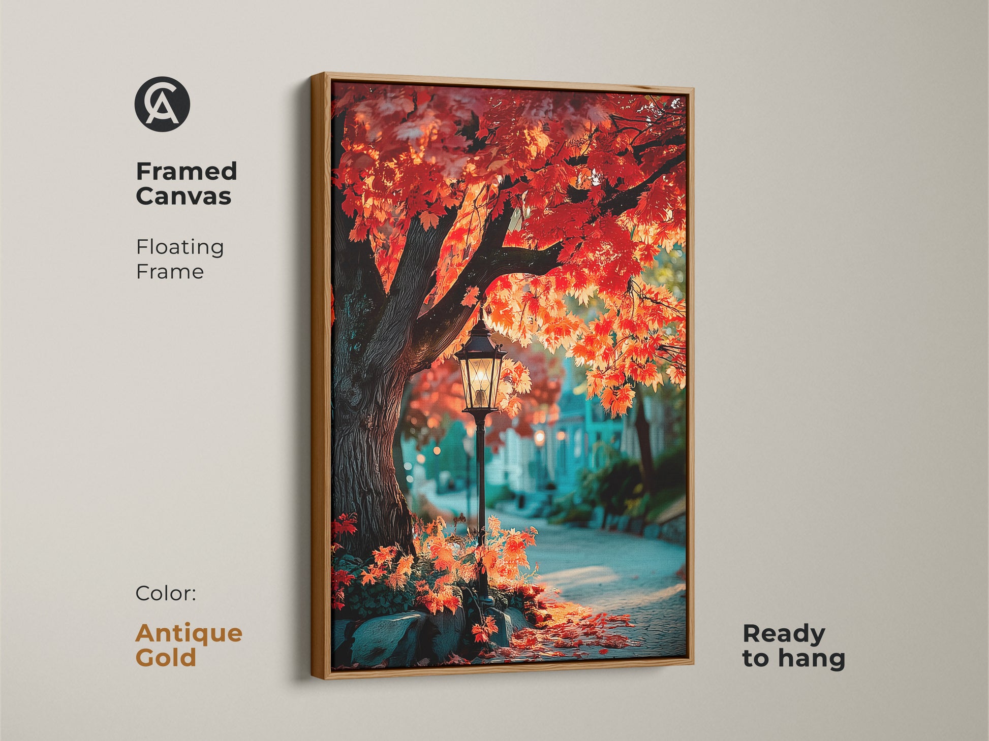 Bring a touch of elegance to your home with this framed canvas artwork in antique gold. The floating frame adds a luxurious touch. The artwork showcases a beautiful autumn street scene with a vibrant red maple tree and vintage street lamp. Ready to hang and enjoy.