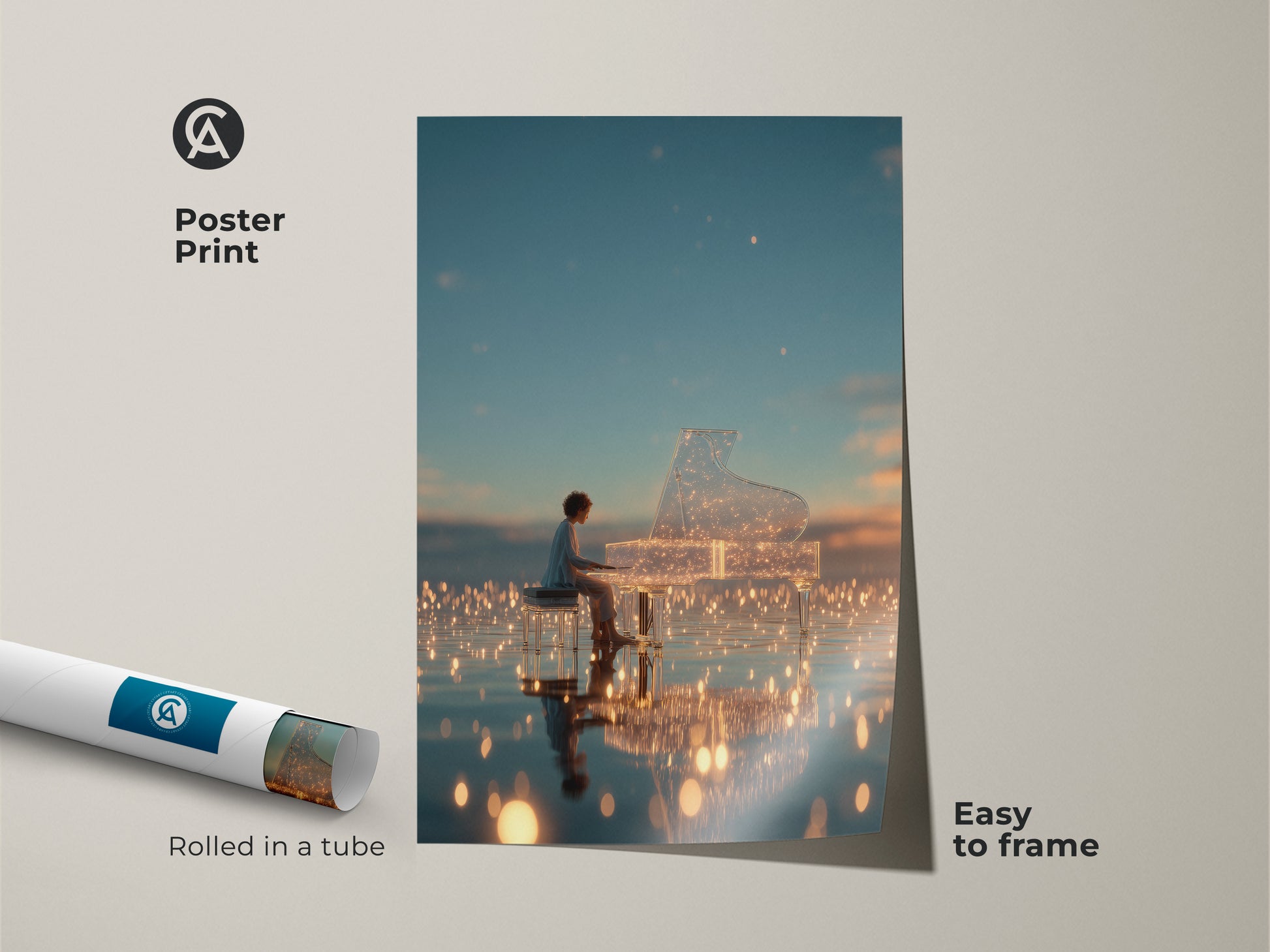 Poster print showcasing a pianist playing a crystal grand piano. This wall art comes rolled in a tube for easy framing. A beautiful piece for music enthusiasts seeking unique home decor. Add artistic flair to your living space today.