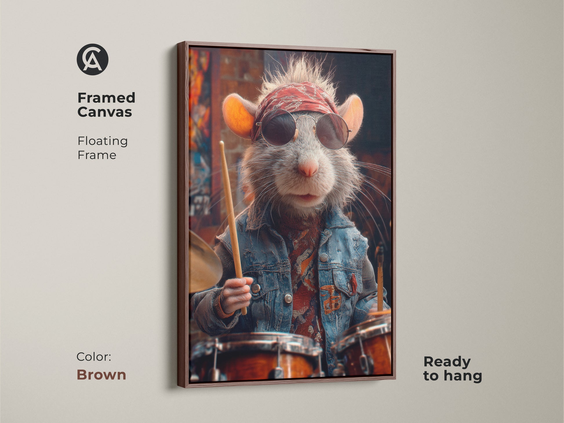 Framed canvas of rat drummer artwork with a brown floating frame. Ready to hang retro music wall art. Ideal for adding an eclectic touch to a man cave. This animal art makes a great rock fan gift. A unique birthday gift for musicians.