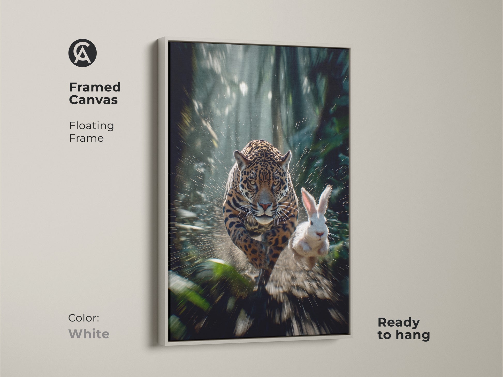 This contemporary wildlife art shows a jaguar chasing a rabbit framed in white. Ready to hang this canvas brings a dynamic jungle scene to your bedroom. The motion blur effect adds energy to this unique wildlife artwork. It's an ideal gift for animal lovers who appreciate exotic cat canvas art.