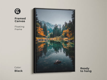 Add sophistication to your walls with this framed canvas artwork. The floating frame enhances the mountain lake scene. The black frame beautifully complements the serene lake and forest landscape. The framed canvas is ready to hang. Transform your living space with elegance