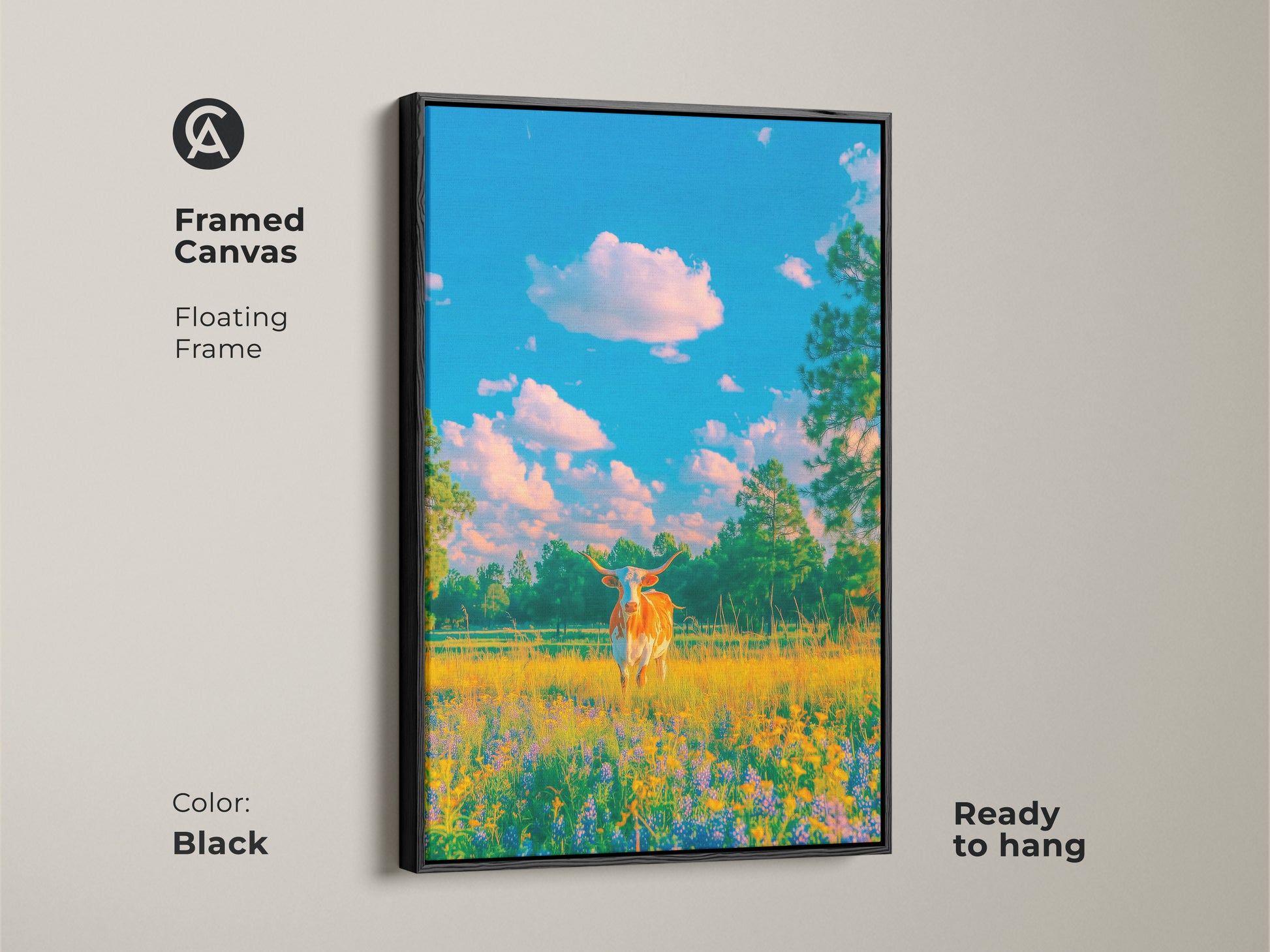 This framed canvas features a Longhorn cow in a field of wildflowers. The black floating frame adds a touch of elegance. Ready to hang this artwork will enhance any space. Shop now for unique wall decor.