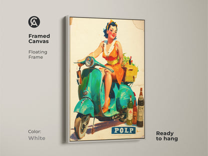 Framed canvas art of a woman riding a Vespa with wine. The floating frame is white and ready to hang. This art piece is a great way to add retro style and vibrant color to your space. A unique and stylish wall decor option.