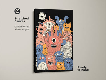 Stretched canvas of monster art print for kids. It is ready to hang and perfect for a kids room. The wall art showcases cartoon monsters. This eclectic home decor piece features furry creatures. It is a great gift for a child.