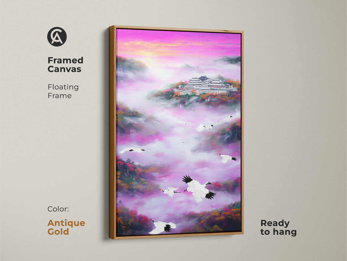 Framed canvas of a vibrant landscape. This canvas features a crane and pagoda in an Asian landscape. The traditional nature scenery uses purple and pink gradients. Ideal art for a meditation room it adds a spiritual touch. The floating frame is an antique gold color enhancing the eclectic wall art boho style.
