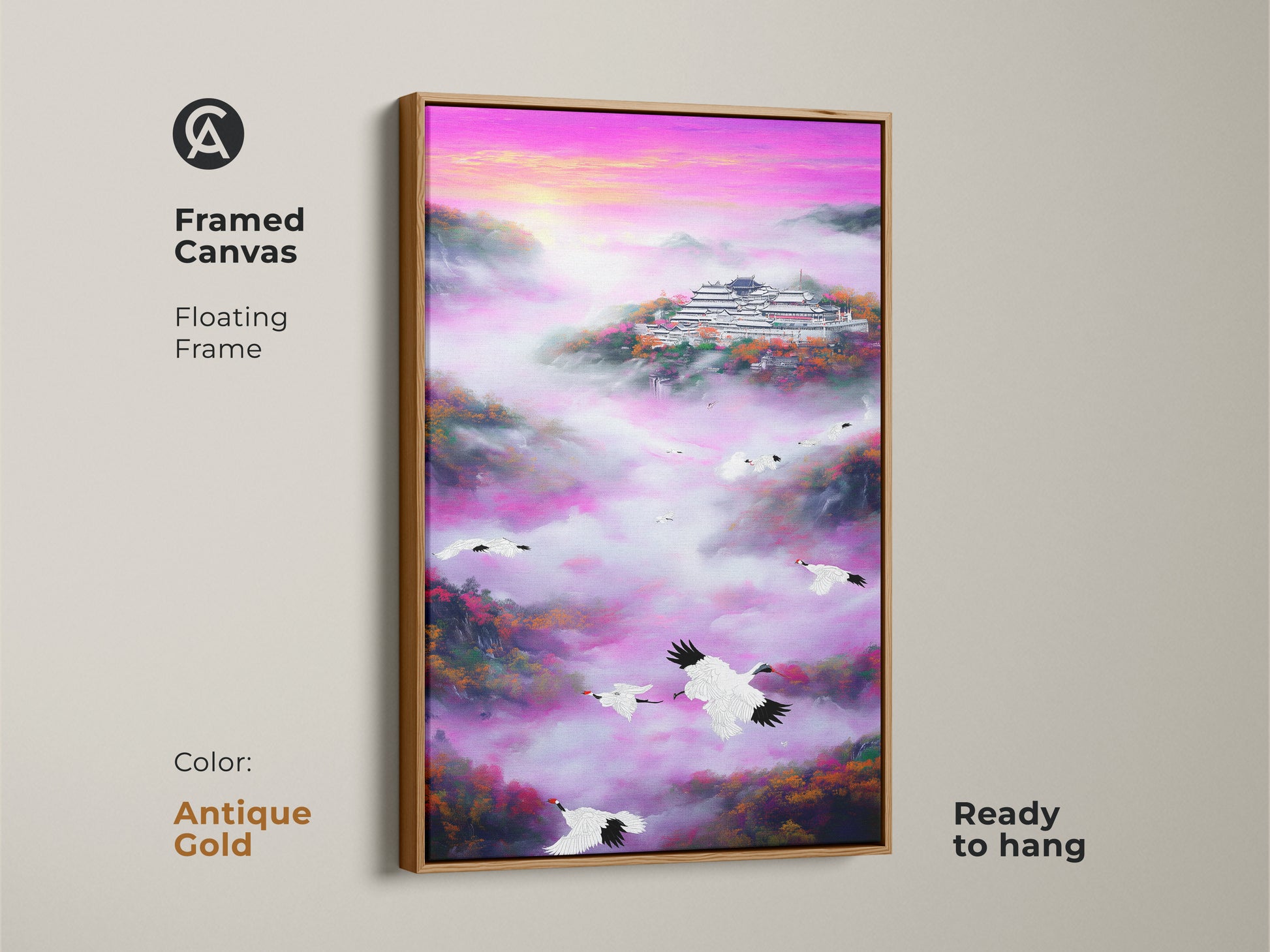 Framed canvas of a vibrant landscape. This canvas features a crane and pagoda in an Asian landscape. The traditional nature scenery uses purple and pink gradients. Ideal art for a meditation room it adds a spiritual touch. The floating frame is an antique gold color enhancing the eclectic wall art boho style.