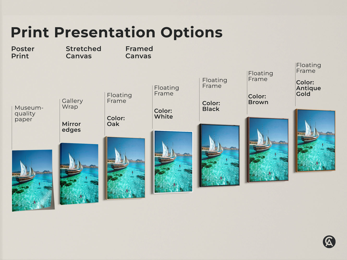 Explore our print presentation options for Coastal Wall Art. Choose from a poster print stretched canvas or framed canvas. Gallery wrap and mirror edges are available. Select a floating frame in oak white black brown or antique gold. Find the perfect style to showcase this stunning sailboat scene.