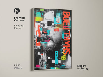 Framed canvas featuring abstract glitch art. Floating frame in white. Ready to hang. Urban man face wall art in red black and teal abstract. Contemporary office wall decor or modern art print. Unique man portrait canvas for art lovers.
