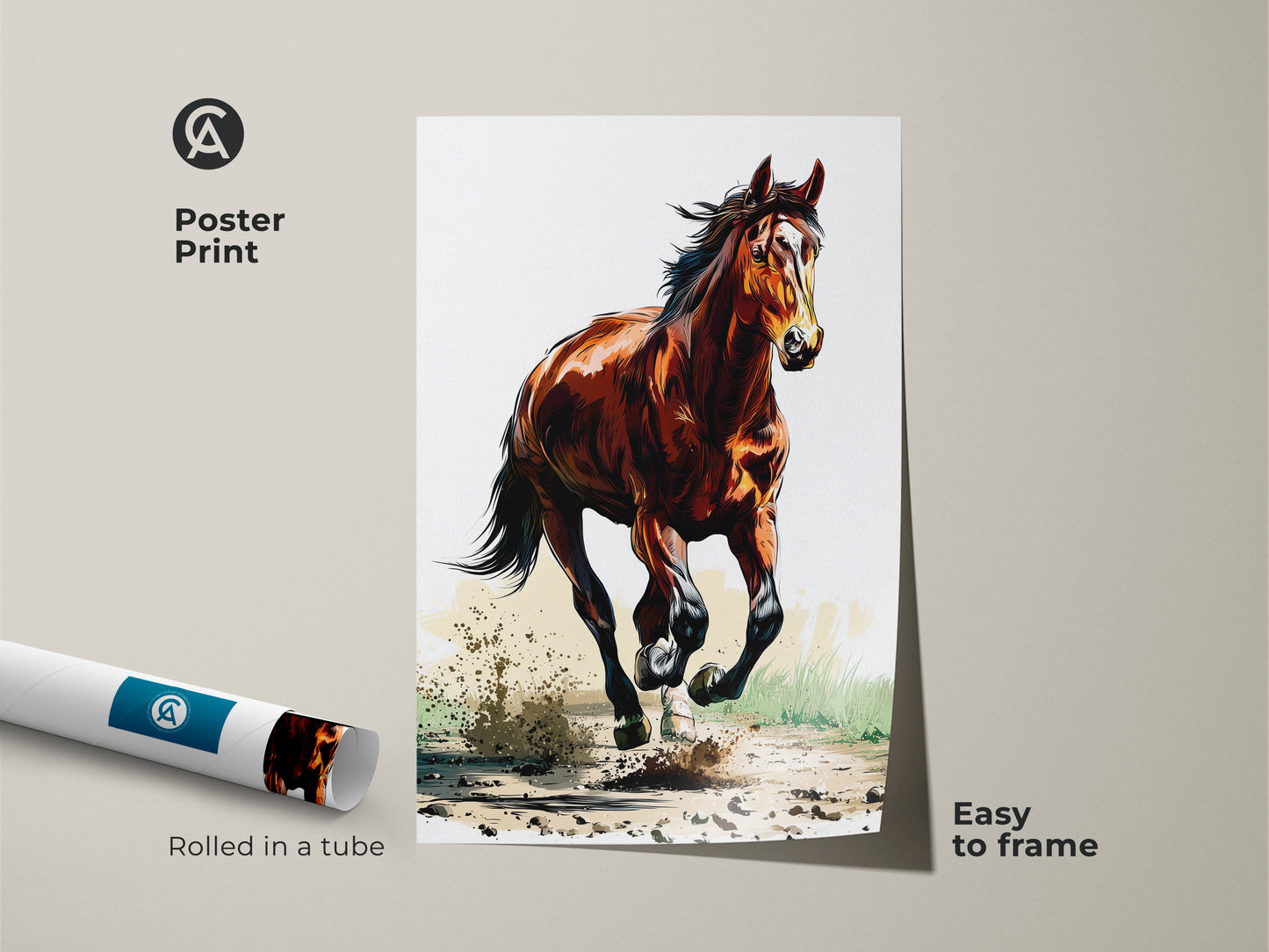 Poster print of a horse galloping. This sienna brown horse art is easy to frame. Rustic equestrian wall art captures dynamic animal action. The bedroom decor horse print is a thoughtful horse lover gift. Rolled in a tube for protection.