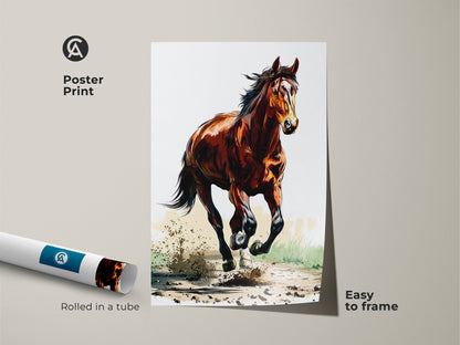 Poster print of a horse galloping. This sienna brown horse art is easy to frame. Rustic equestrian wall art captures dynamic animal action. The bedroom decor horse print is a thoughtful horse lover gift. Rolled in a tube for protection.