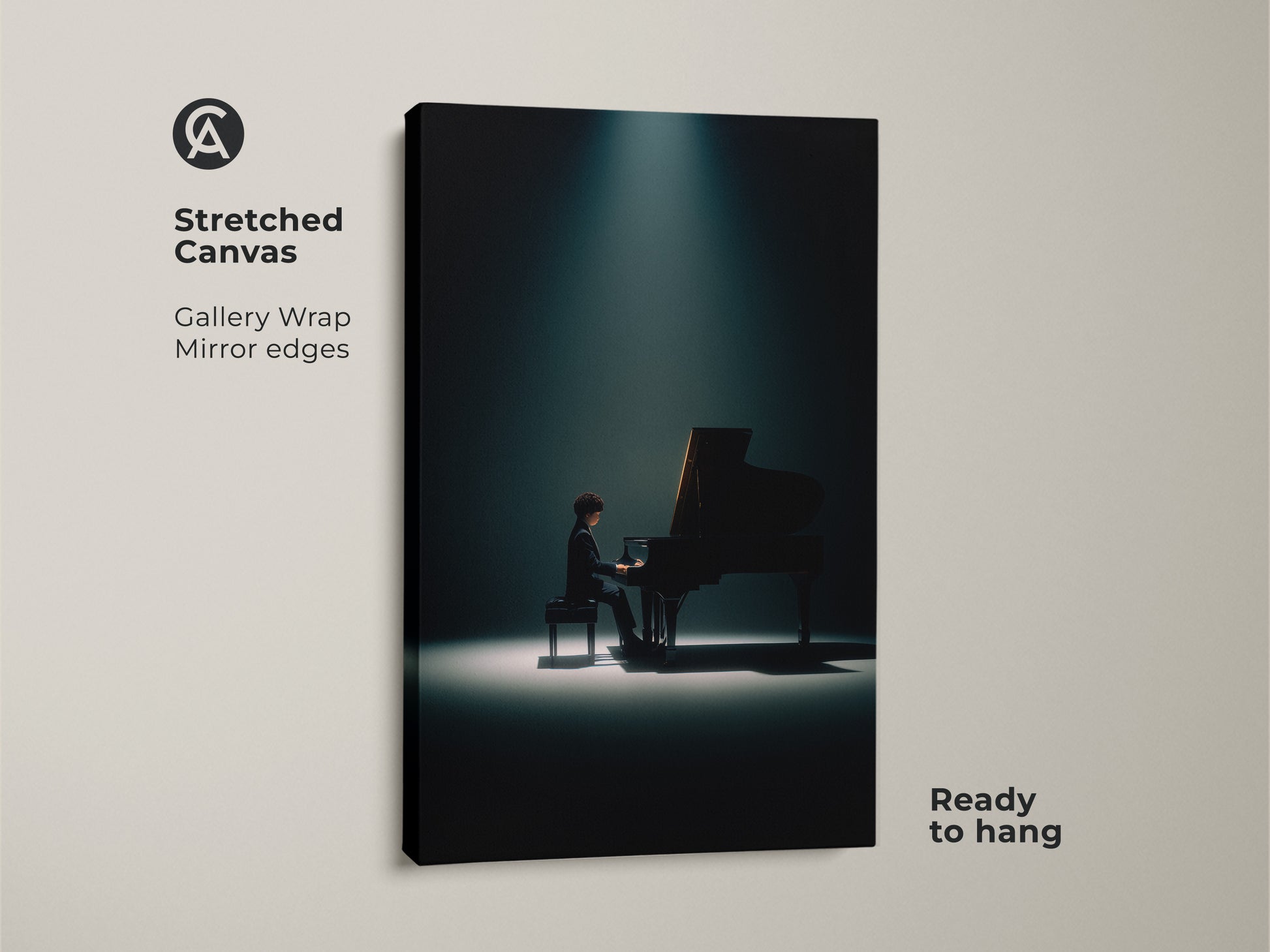 Stretched canvas art featuring a pianist performing on a grand piano. Gallery wrapped with mirror edges. The canvas is ready to hang. A striking piece of artwork for any room. Add musical charm to your home decor.