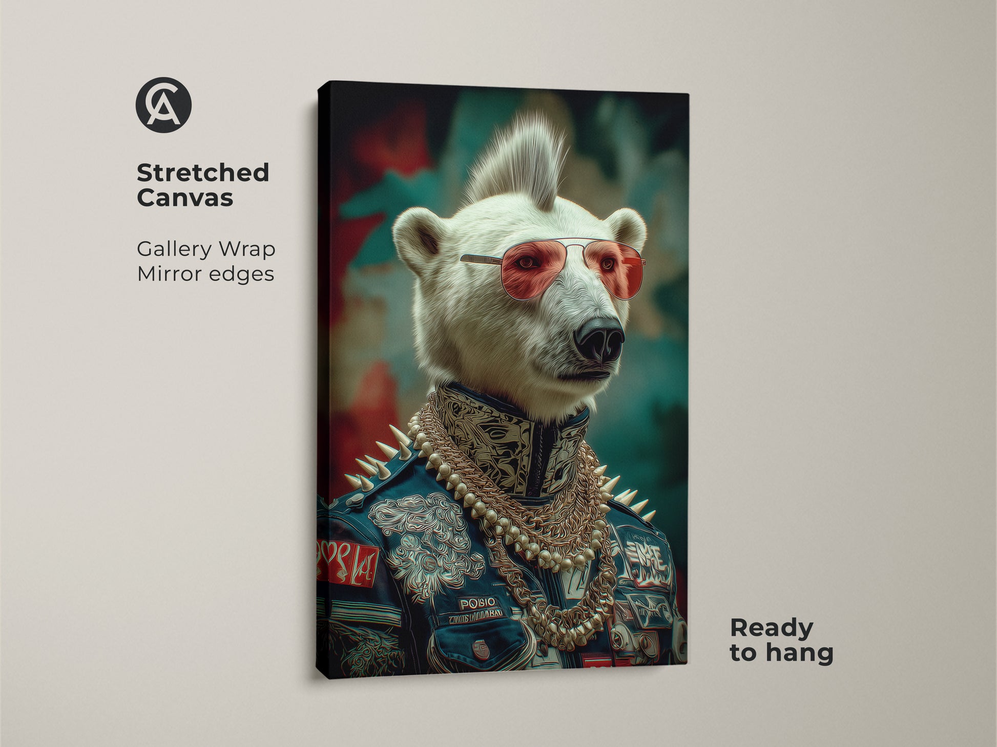 This is a stretched canvas gallery wrap of a polar bear punk rocker. The fantasy animal portrait art has an eclectic style. It's a navy red teal canvas print. Ready to hang this is punk art for men.