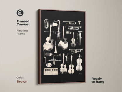 Brown framed canvas art showcasing an assortment of musical instruments. Instruments like guitars saxophones and trumpets are presented. This ready-to-hang canvas adds a musical touch to your interior. The floating frame complements the artwork